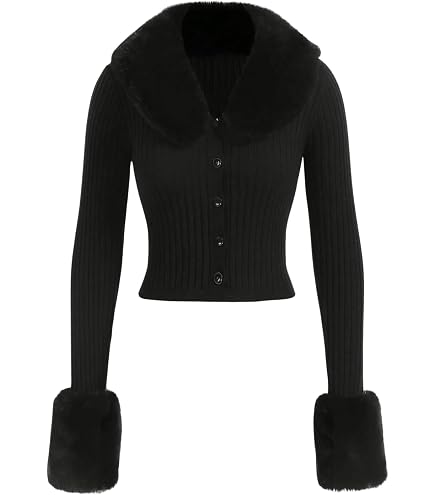 Women 's Fluffy Knitted Cardigan Long Sleeve V Neck Fur Trim Crop